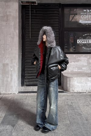 Men's Winter PU Leather Mountain Eagle Jacket with Fur Collar, Thickened Cotton Outerwear, High-Design, Premium Feel, Y2K Style