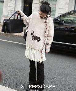 Merino Wool V-Neck Loose Fit Sausage Dog Knit Sweater - Cozy Casual Fall Fashion