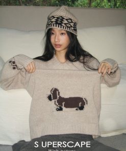 Merino Wool V-Neck Loose Fit Sausage Dog Knit Sweater - Cozy Casual Fall Fashion