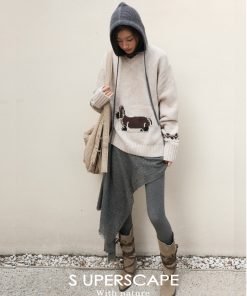 Merino Wool V-Neck Loose Fit Sausage Dog Knit Sweater - Cozy Casual Fall Fashion