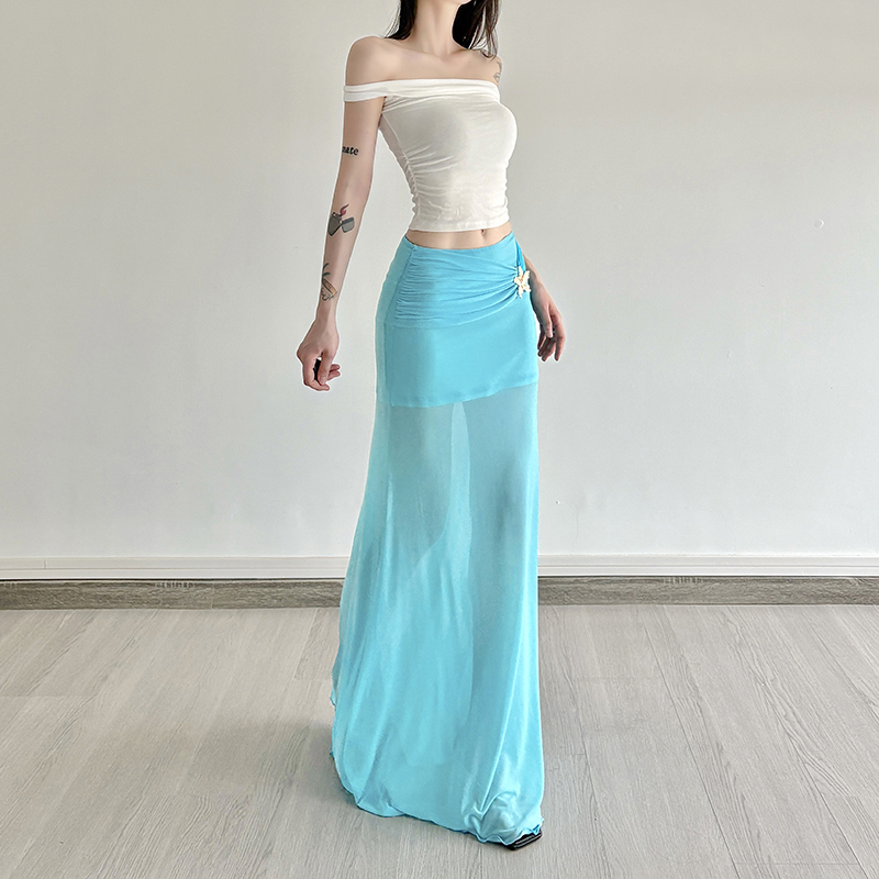 Mermaid Underwater Star Metal Buckle Low Waist Sheer Mesh Spliced Long Skirt - Trendy Y2K Aesthetic Fashion Mermaid Underwater Star Metal Buckle Low Waist Sheer Mesh Spliced Long Skirt - Trendy Y2K Aesthetic Fashion
