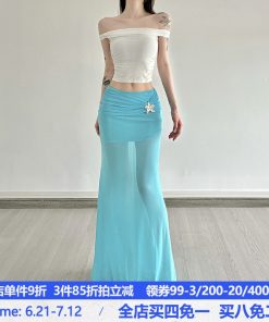 Mermaid Underwater Star Metal Buckle Low Waist Sheer Mesh Spliced Long Skirt - Trendy Y2K Aesthetic Fashion