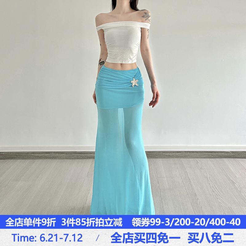 Mermaid Underwater Star Metal Buckle Low Waist Sheer Mesh Spliced Long Skirt - Trendy Y2K Aesthetic Fashion Mermaid Underwater Star Metal Buckle Low Waist Sheer Mesh Spliced Long Skirt - Trendy Y2K Aesthetic Fashion