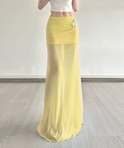 Mermaid Underwater Star Metal Buckle Low Waist Sheer Mesh Spliced Long Skirt - Trendy Y2K Aesthetic Fashion