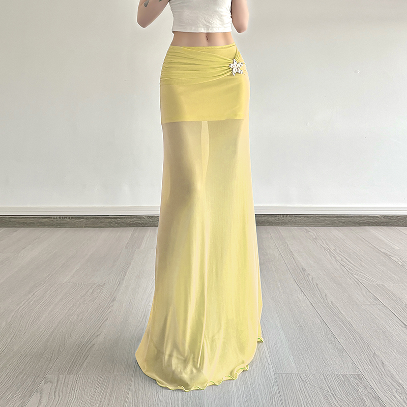 Mermaid Underwater Star Metal Buckle Low Waist Sheer Mesh Spliced Long Skirt - Trendy Y2K Aesthetic Fashion Mermaid Underwater Star Metal Buckle Low Waist Sheer Mesh Spliced Long Skirt - Trendy Y2K Aesthetic Fashion