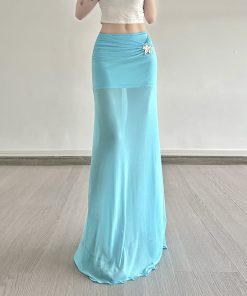 Mermaid Underwater Star Metal Buckle Low Waist Sheer Mesh Spliced Long Skirt - Trendy Y2K Aesthetic Fashion
