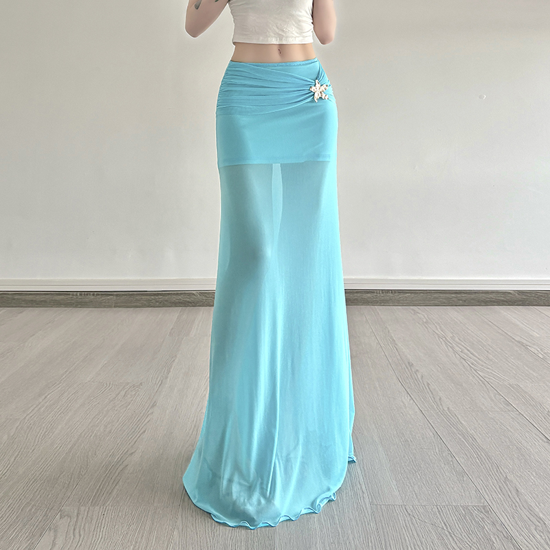 Mermaid Underwater Star Metal Buckle Low Waist Sheer Mesh Spliced Long Skirt - Trendy Y2K Aesthetic Fashion Mermaid Underwater Star Metal Buckle Low Waist Sheer Mesh Spliced Long Skirt - Trendy Y2K Aesthetic Fashion