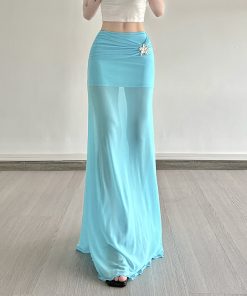 Mermaid Underwater Star Metal Buckle Low Waist Sheer Mesh Spliced Long Skirt - Trendy Y2K Aesthetic Fashion