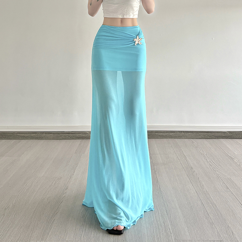 Mermaid Underwater Star Metal Buckle Low Waist Sheer Mesh Spliced Long Skirt - Trendy Y2K Aesthetic Fashion Mermaid Underwater Star Metal Buckle Low Waist Sheer Mesh Spliced Long Skirt - Trendy Y2K Aesthetic Fashion