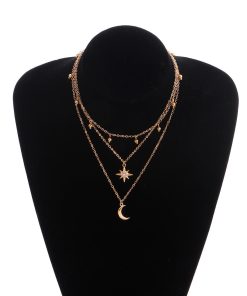 Metal Crescent Moon Diamond Starburst Necklace for Women - Versatile Bell Sweater Accessory, European and American Style Jewelry