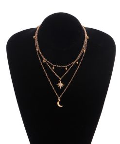 Metal Crescent Moon Diamond Starburst Necklace for Women - Versatile Bell Sweater Accessory, European and American Style Jewelry