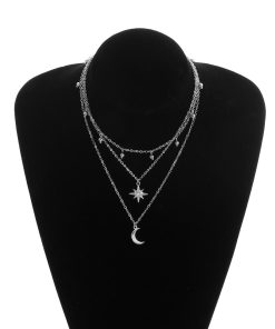 Metal Crescent Moon Diamond Starburst Necklace for Women - Versatile Bell Sweater Accessory, European and American Style Jewelry