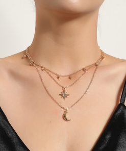 Metal Crescent Moon Diamond Starburst Necklace for Women - Versatile Bell Sweater Accessory, European and American Style Jewelry