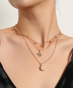 Metal Crescent Moon Diamond Starburst Necklace for Women - Versatile Bell Sweater Accessory, European and American Style Jewelry