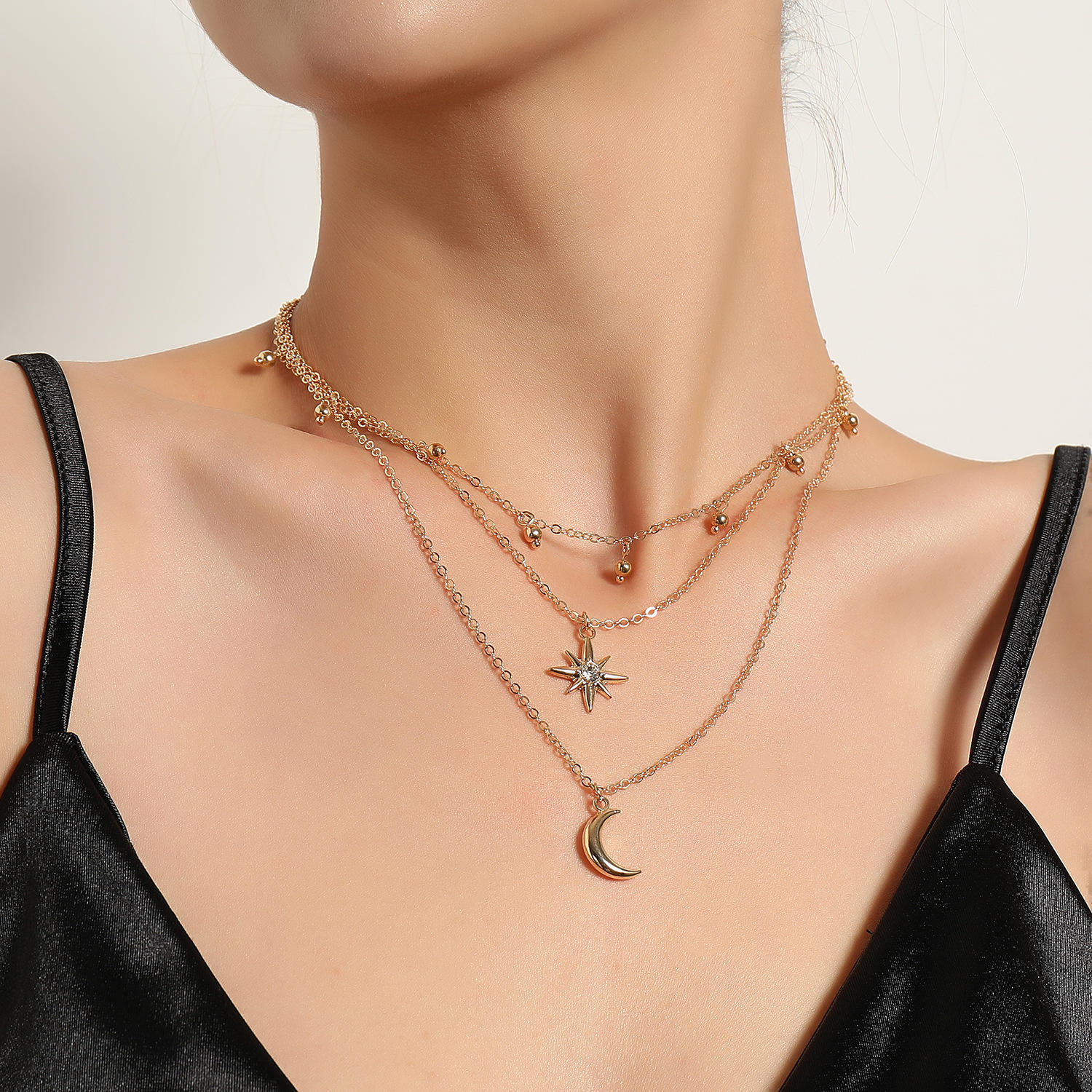 Metal Crescent Moon Diamond Starburst Necklace for Women - Versatile Bell Sweater Accessory, European and American Style Jewelry Metal Crescent Moon Diamond Starburst Necklace for Women - Versatile Bell Sweater Accessory, European and American Style Jewelry