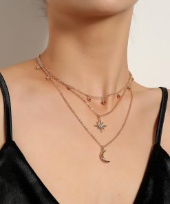 Metal Crescent Moon Diamond Starburst Necklace for Women - Versatile Bell Sweater Accessory, European and American Style Jewelry