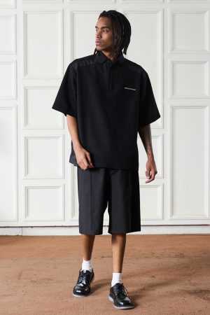 Micro-Deconstructed Metal Nylon Spliced Short-Sleeve Polo Shirt - Clean Fit, Edgy Design, Modern Streetwear Style