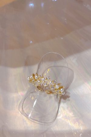 Micro-Inlaid Colored Diamond Zircon Lace Pearl Ring for Women - Summer Japanese Korean Style Open Ring, 2025 Light Luxury Fashion