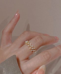 Micro-Inlaid Colored Diamond Zircon Lace Pearl Ring for Women - Summer Japanese Korean Style Open Ring, 2025 Light Luxury Fashion