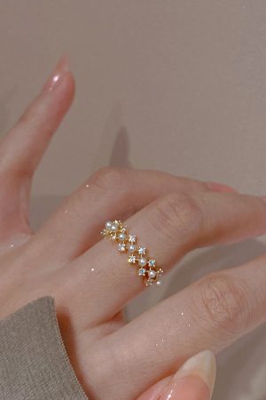 Micro-Inlaid Colored Diamond Zircon Lace Pearl Ring for Women - Summer Japanese Korean Style Open Ring, 2025 Light Luxury Fashion