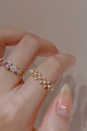 Micro-Inlaid Colored Diamond Zircon Lace Pearl Ring for Women - Summer Japanese Korean Style Open Ring, 2025 Light Luxury Fashion