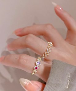 Micro-Inlaid Colored Diamond Zircon Lace Pearl Ring for Women - Summer Japanese Korean Style Open Ring, 2025 Light Luxury Fashion