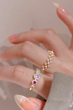 Micro-Inlaid Colored Diamond Zircon Lace Pearl Ring for Women - Summer Japanese Korean Style Open Ring, 2025 Light Luxury Fashion
