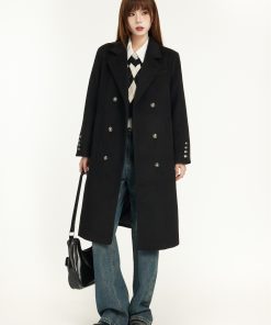Mid-Length Black Wool Coat for Women - Spring 2025 Slimming Design for Petite - Elegant and Chic Outerwear
