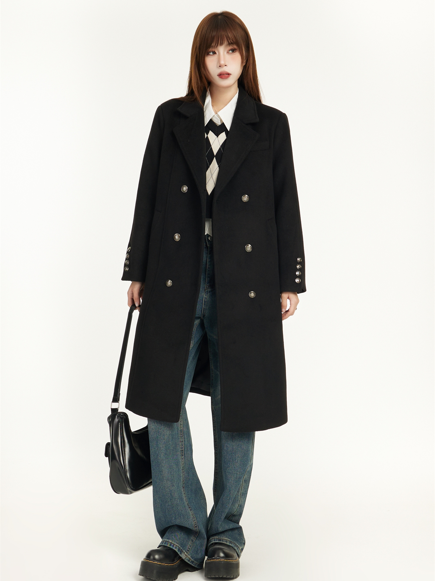 Mid-Length Black Wool Coat for Women - Spring 2025 Slimming Design for Petite - Elegant and Chic Outerwear Mid-Length Black Wool Coat for Women - Spring 2025 Slimming Design for Petite - Elegant and Chic Outerwear