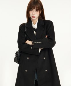 Mid-Length Black Wool Coat for Women - Spring 2025 Slimming Design for Petite - Elegant and Chic Outerwear