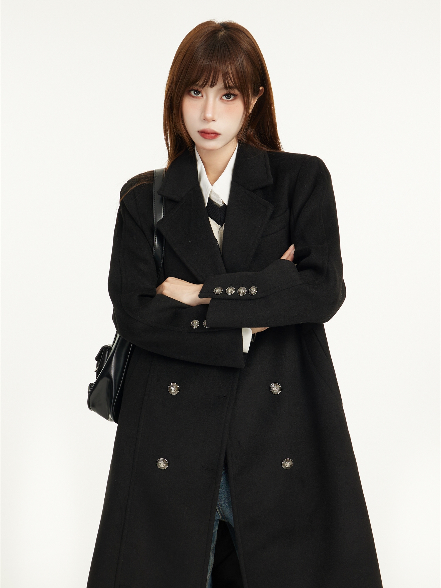 Mid-Length Black Wool Coat for Women - Spring 2025 Slimming Design for Petite - Elegant and Chic Outerwear Mid-Length Black Wool Coat for Women - Spring 2025 Slimming Design for Petite - Elegant and Chic Outerwear