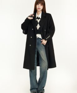 Mid-Length Black Wool Coat for Women - Spring 2025 Slimming Design for Petite - Elegant and Chic Outerwear