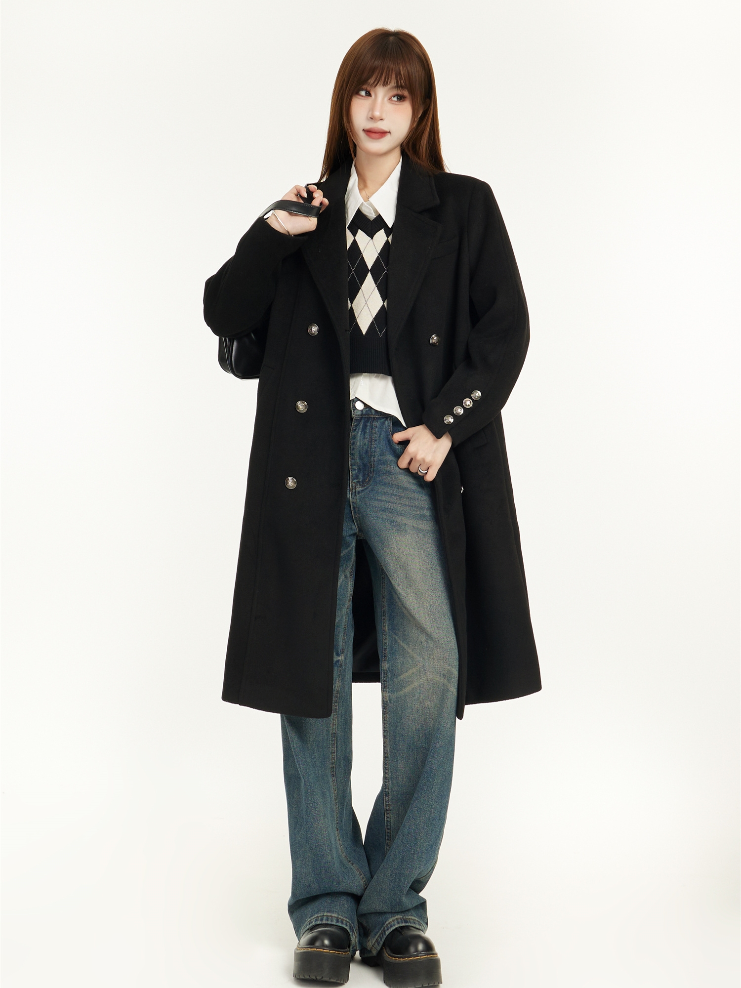 Mid-Length Black Wool Coat for Women - Spring 2025 Slimming Design for Petite - Elegant and Chic Outerwear Mid-Length Black Wool Coat for Women - Spring 2025 Slimming Design for Petite - Elegant and Chic Outerwear