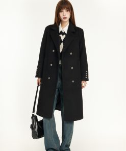Mid-Length Black Wool Coat for Women - Spring 2025 Slimming Design for Petite - Elegant and Chic Outerwear