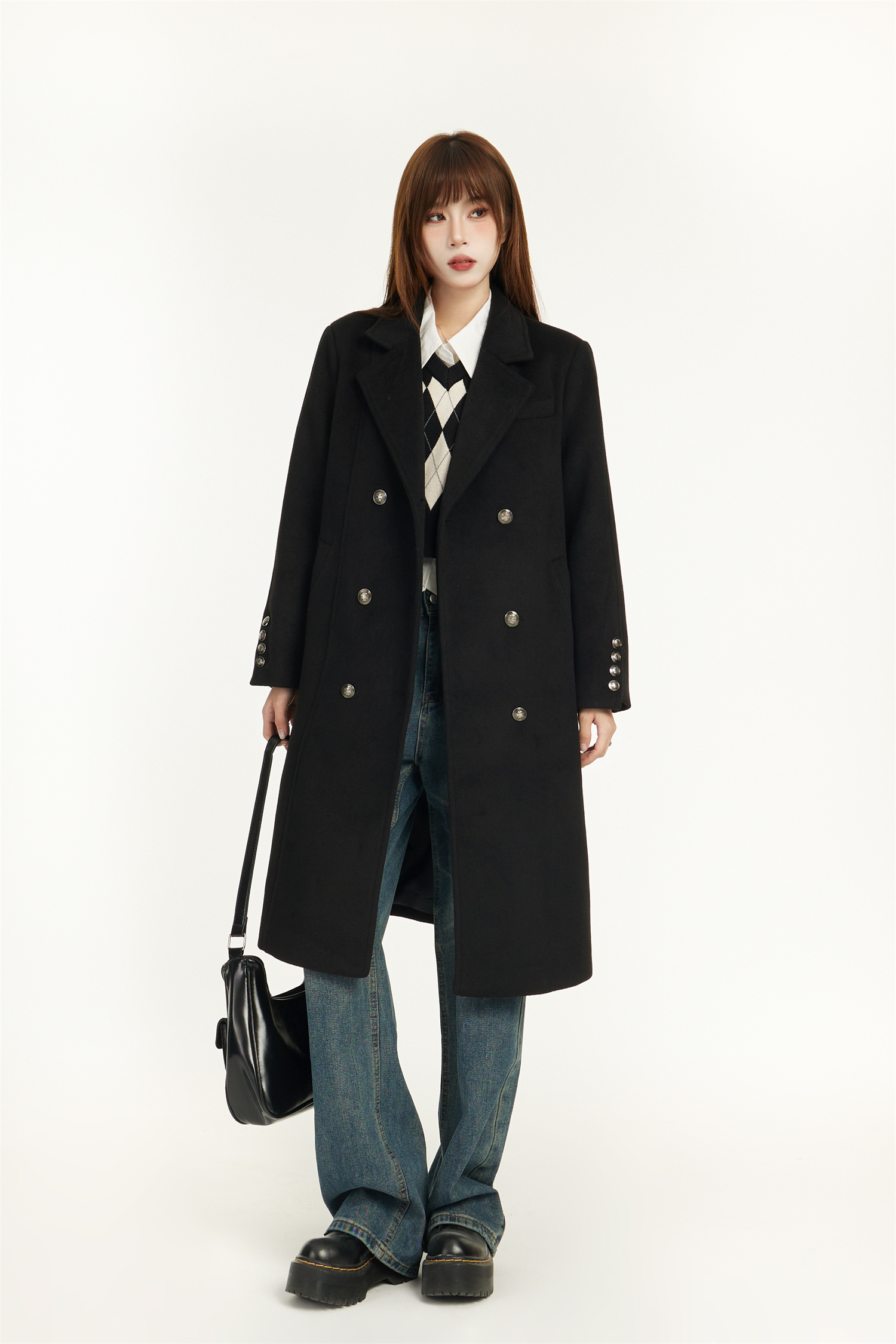 Mid-Length Black Wool Coat for Women - Spring 2025 Slimming Design for Petite - Elegant and Chic Outerwear Mid-Length Black Wool Coat for Women - Spring 2025 Slimming Design for Petite - Elegant and Chic Outerwear