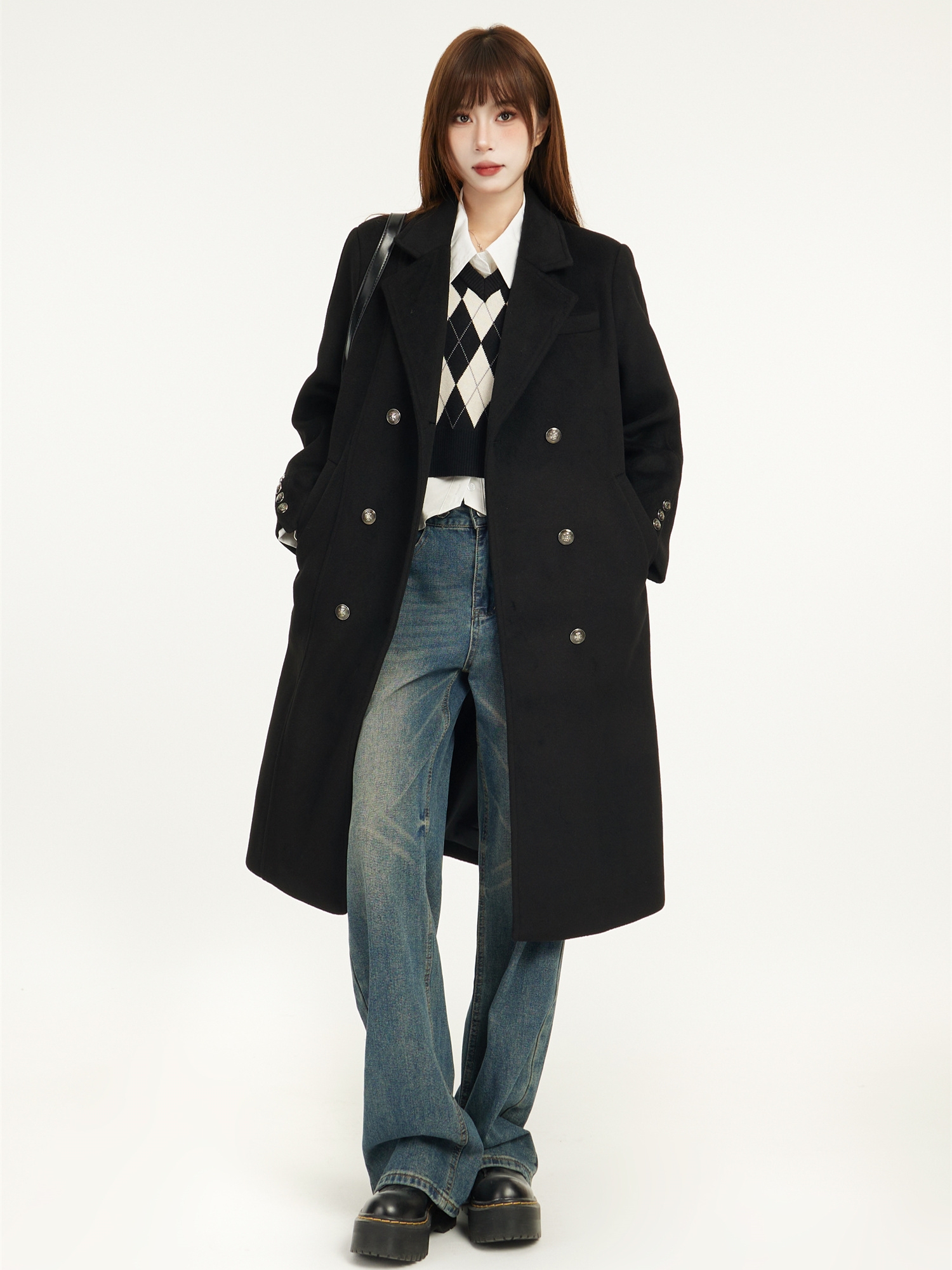 Mid-Length Black Wool Coat for Women - Spring 2025 Slimming Design for Petite - Elegant and Chic Outerwear Mid-Length Black Wool Coat for Women - Spring 2025 Slimming Design for Petite - Elegant and Chic Outerwear