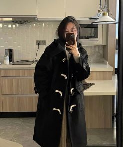 Mid-Length Black Woolen Coat for Women, 2025 Winter Double-Sided Cashmere Toggle Design, Thick Korean Style