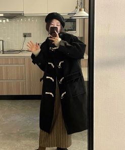Mid-Length Black Woolen Coat for Women, 2025 Winter Double-Sided Cashmere Toggle Design, Thick Korean Style