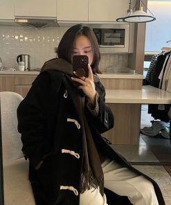 Mid-Length Black Woolen Coat for Women, 2025 Winter Double-Sided Cashmere Toggle Design, Thick Korean Style