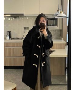 Mid-Length Black Woolen Coat for Women, 2025 Winter Double-Sided Cashmere Toggle Design, Thick Korean Style