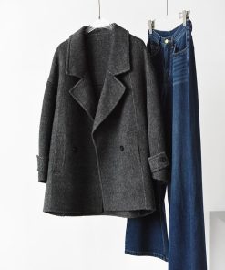 Mid-Length Double-Faced Wool Coat with Suit Collar - Yak Wool, Mulberry Silk, Australian Wool, Straight Loose Fit, Luxe Outerwear