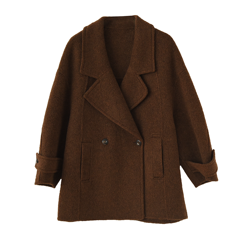 Mid-Length Double-Faced Wool Coat with Suit Collar - Yak Wool, Mulberry Silk, Australian Wool, Straight Loose Fit, Luxe Outerwear Mid-Length Double-Faced Wool Coat with Suit Collar - Yak Wool, Mulberry Silk, Australian Wool, Straight Loose Fit, Luxe Outerwear