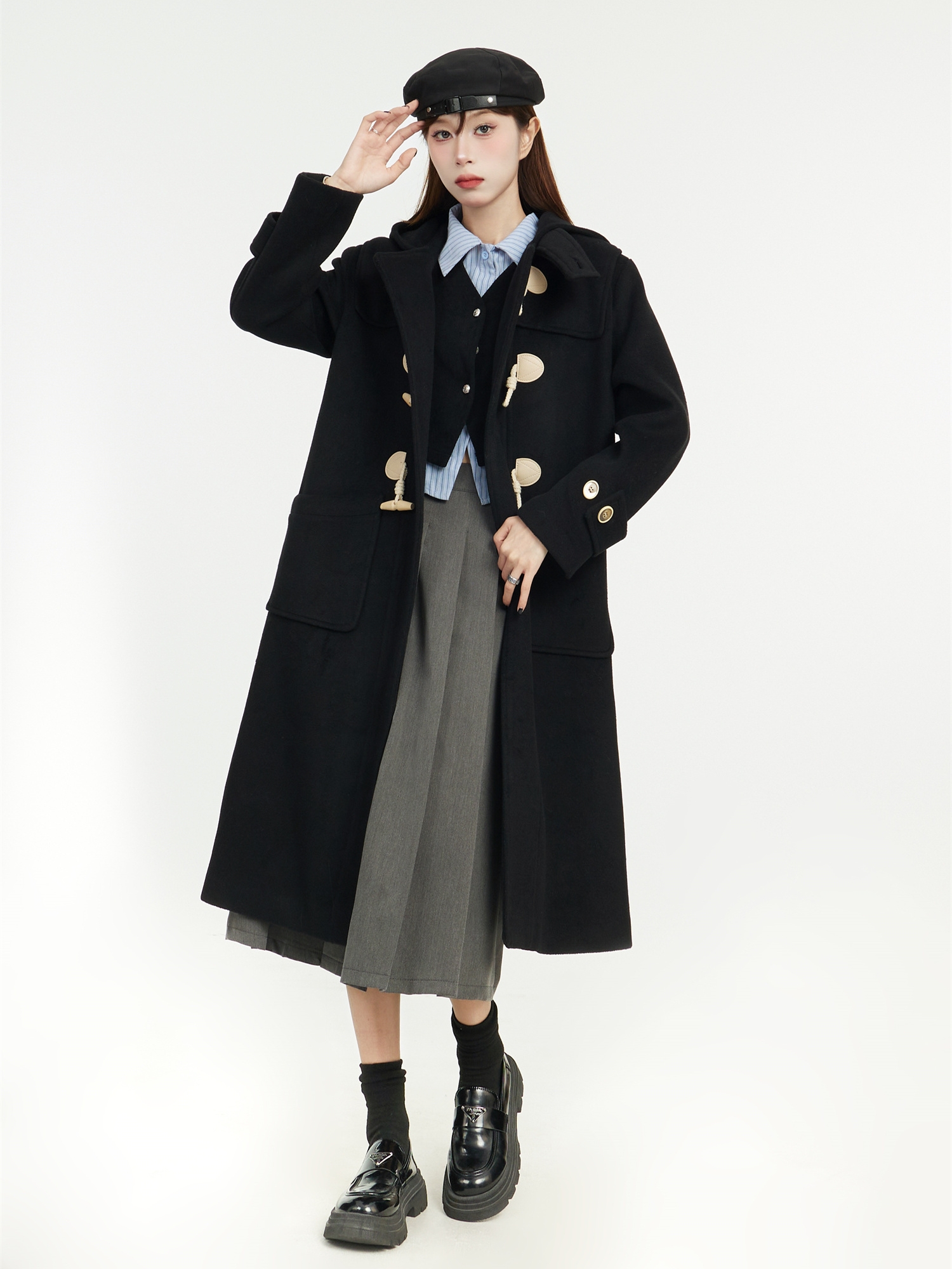 Mid-Length Hooded Black Woolen Coat with Horn Buttons - 2025 Spring College Style Outerwear Mid-Length Hooded Black Woolen Coat with Horn Buttons - 2025 Spring College Style Outerwear