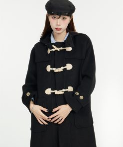 Mid-Length Hooded Black Woolen Coat with Horn Buttons - 2025 Spring College Style Outerwear