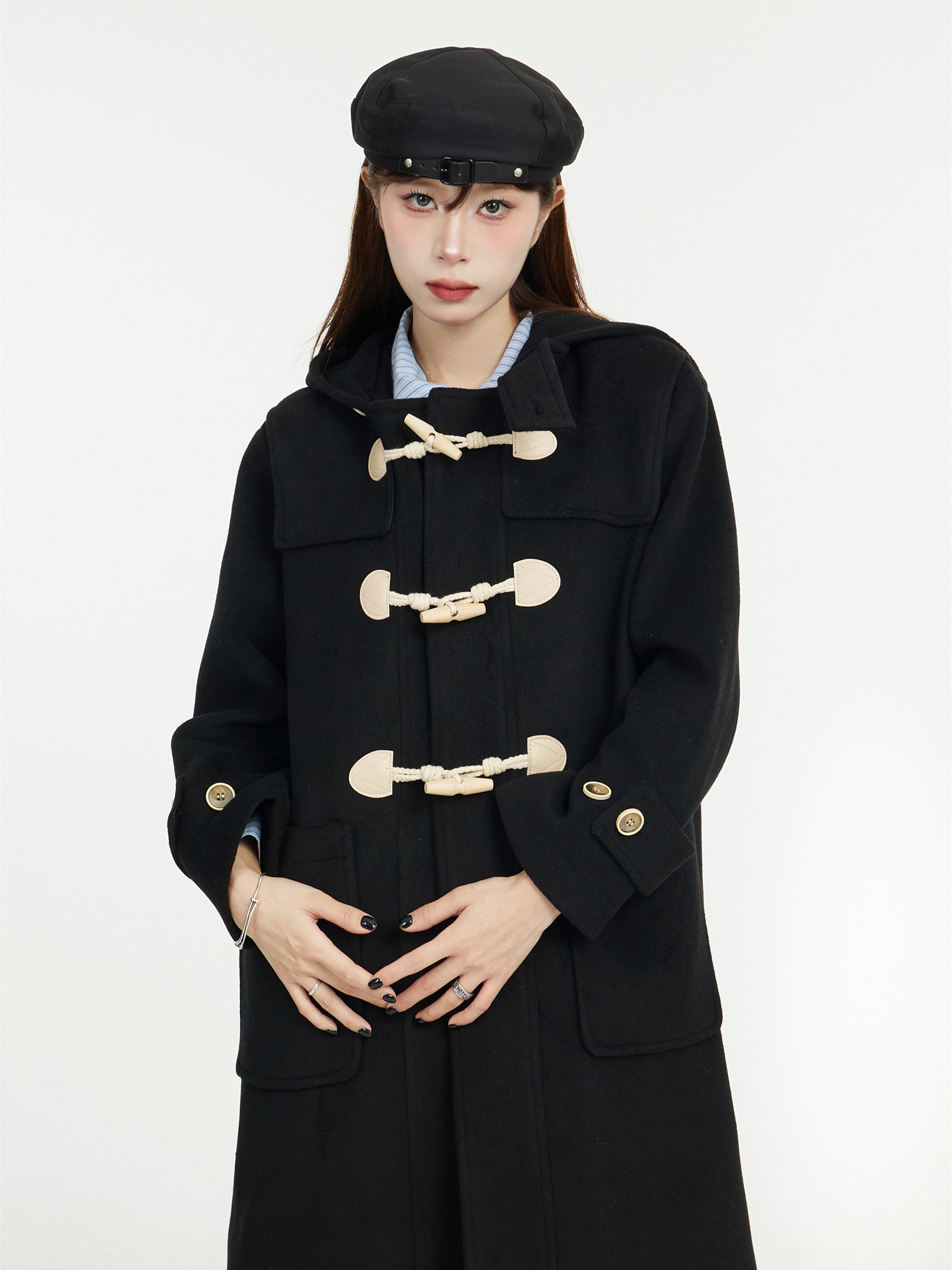 Mid-Length Hooded Black Woolen Coat with Horn Buttons - 2025 Spring College Style Outerwear Mid-Length Hooded Black Woolen Coat with Horn Buttons - 2025 Spring College Style Outerwear