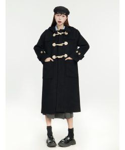 Mid-Length Hooded Black Woolen Coat with Horn Buttons - 2025 Spring College Style Outerwear
