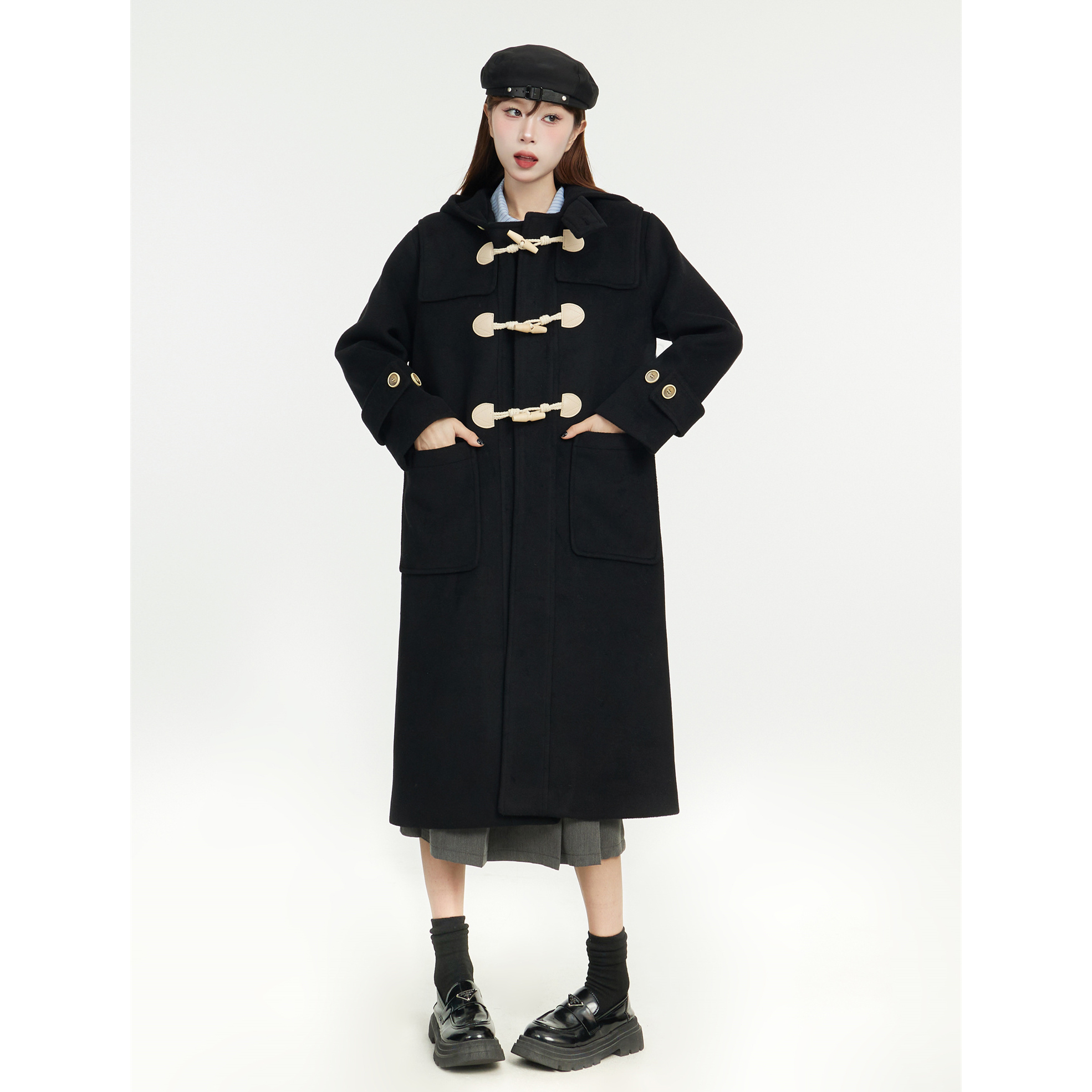 Mid-Length Hooded Black Woolen Coat with Horn Buttons - 2025 Spring College Style Outerwear Mid-Length Hooded Black Woolen Coat with Horn Buttons - 2025 Spring College Style Outerwear