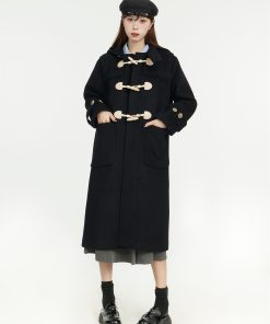 Mid-Length Hooded Black Woolen Coat with Horn Buttons - 2025 Spring College Style Outerwear