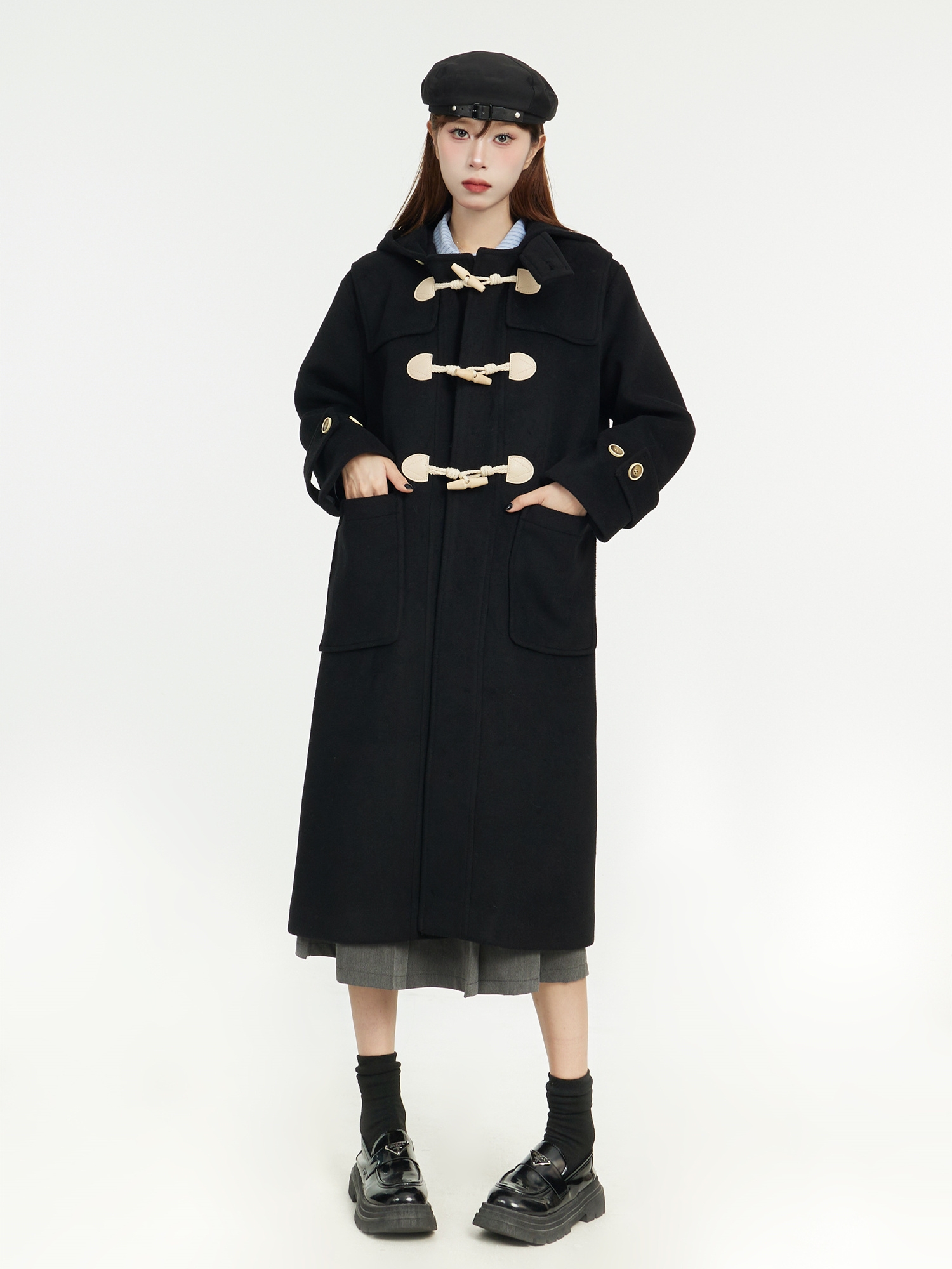 Mid-Length Hooded Black Woolen Coat with Horn Buttons - 2025 Spring College Style Outerwear Mid-Length Hooded Black Woolen Coat with Horn Buttons - 2025 Spring College Style Outerwear