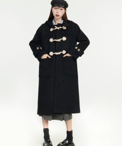 Mid-Length Hooded Black Woolen Coat with Horn Buttons - 2025 Spring College Style Outerwear